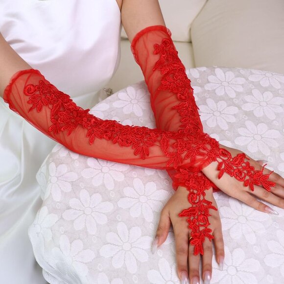 Women's Red Lace Fingerless Gloves Sheer Mesh Bridal Elegant Dance Costume - Picture 2 of 9